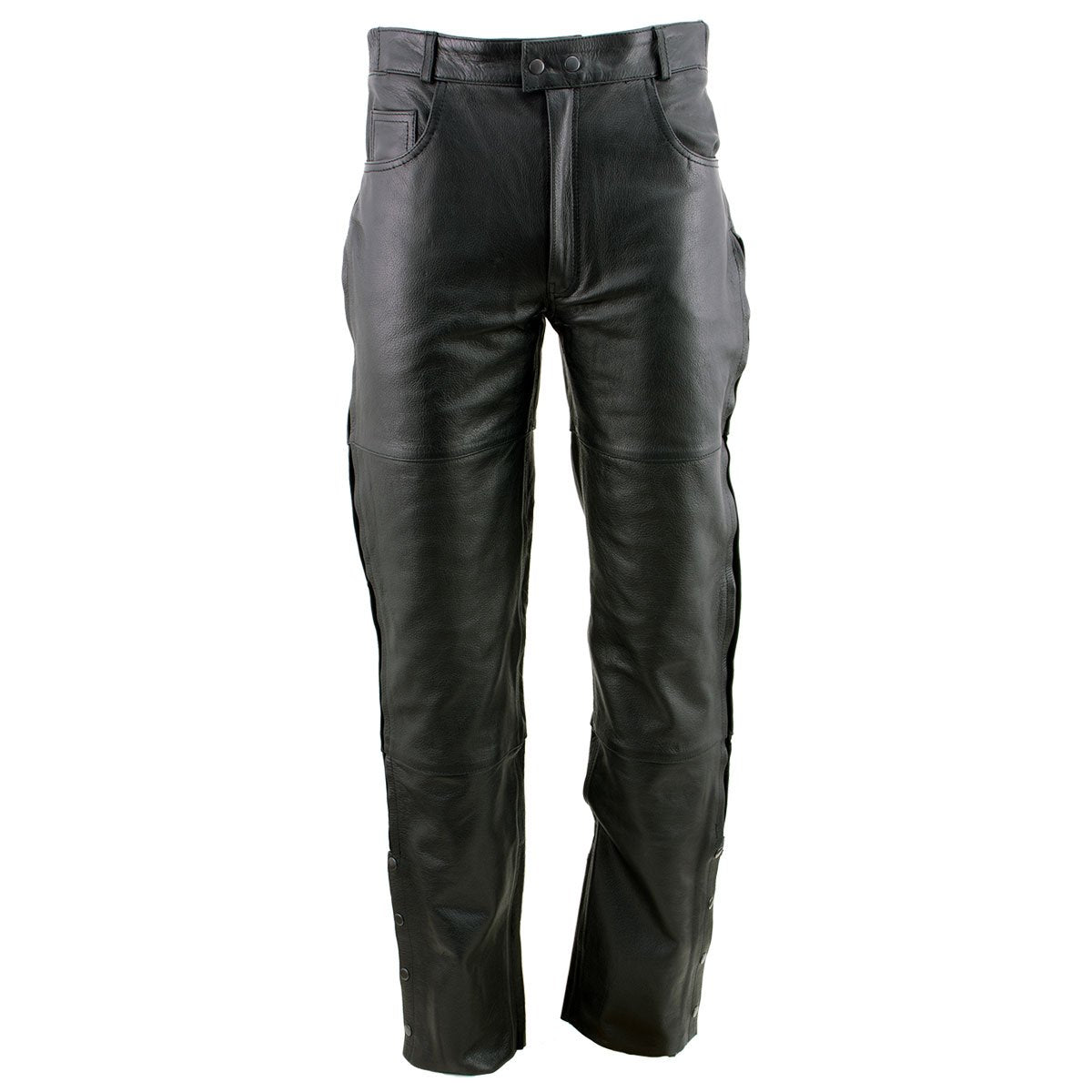 Xelement B7470 Men's Black Premium Leather Motorcycle Over Pants with Side Zipper and Snaps