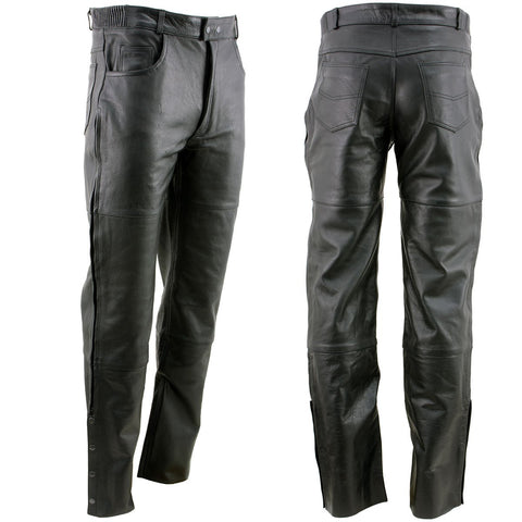 Xelement B7470 Men's Black Premium Leather Motorcycle Over Pants with Side Zipper and Snaps