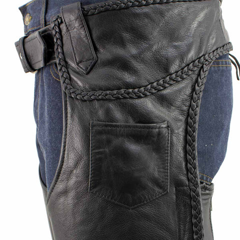 Xelement B7555 Men's Black Classic 'Braided' Elastic Fit Leather Chaps