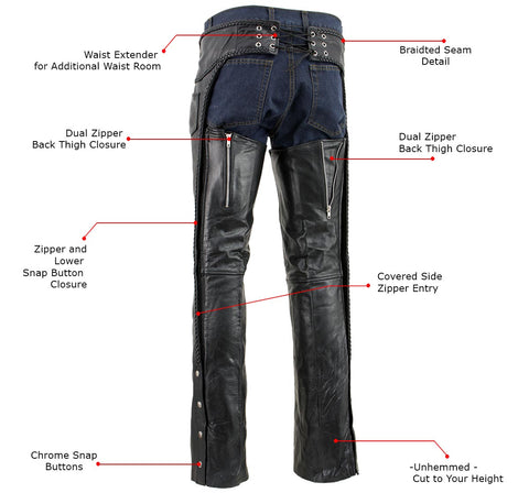 Xelement B7555 Men's Black Classic 'Braided' Elastic Fit Leather Chaps
