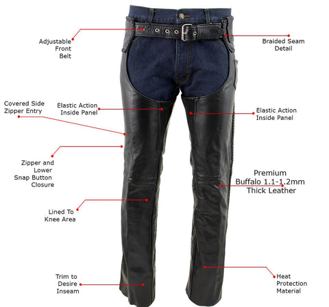 Xelement B7555 Men's Black Classic 'Braided' Elastic Fit Leather Chaps