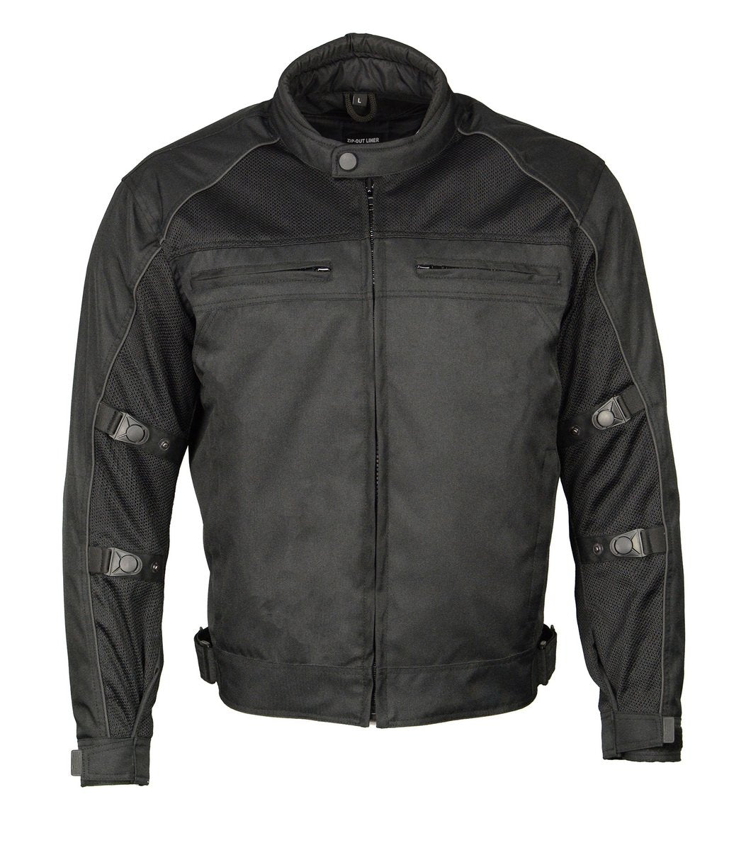 M Boss Motorcycle Apparel BOS11703 Black Men's Black Nylon and Mesh Racer Jacket with Reflective Piping