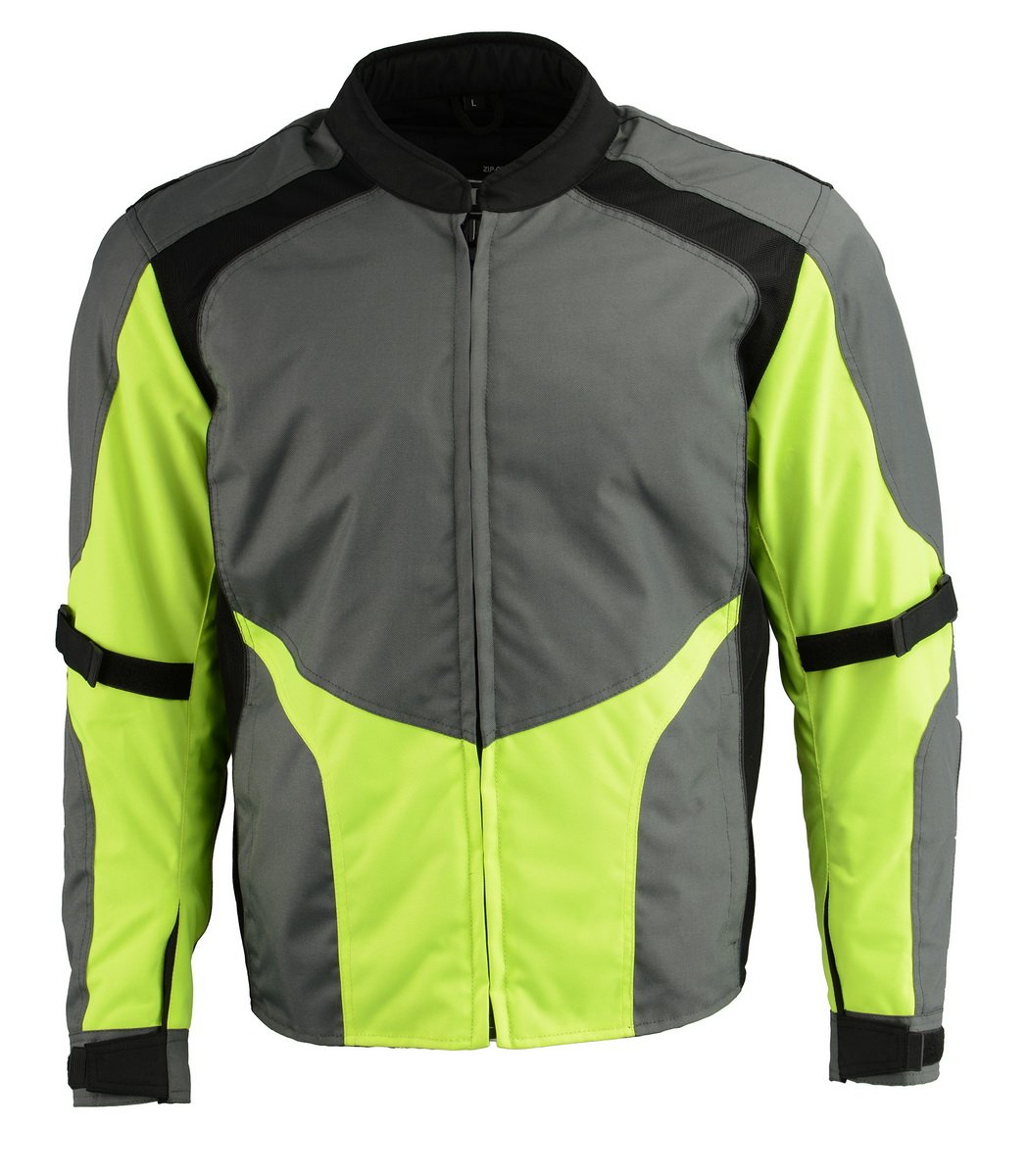 M Boss Motorcycle Apparel BOS11706 Men's Grey/Hi-Vis Green Nylon Motorcycle Racer Jacket with Armor Protection