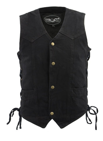 M Boss Motorcycle Apparel BOS13003 Men's Black Denim Snap Front Side Lace Vest with Quick Draw Pocket