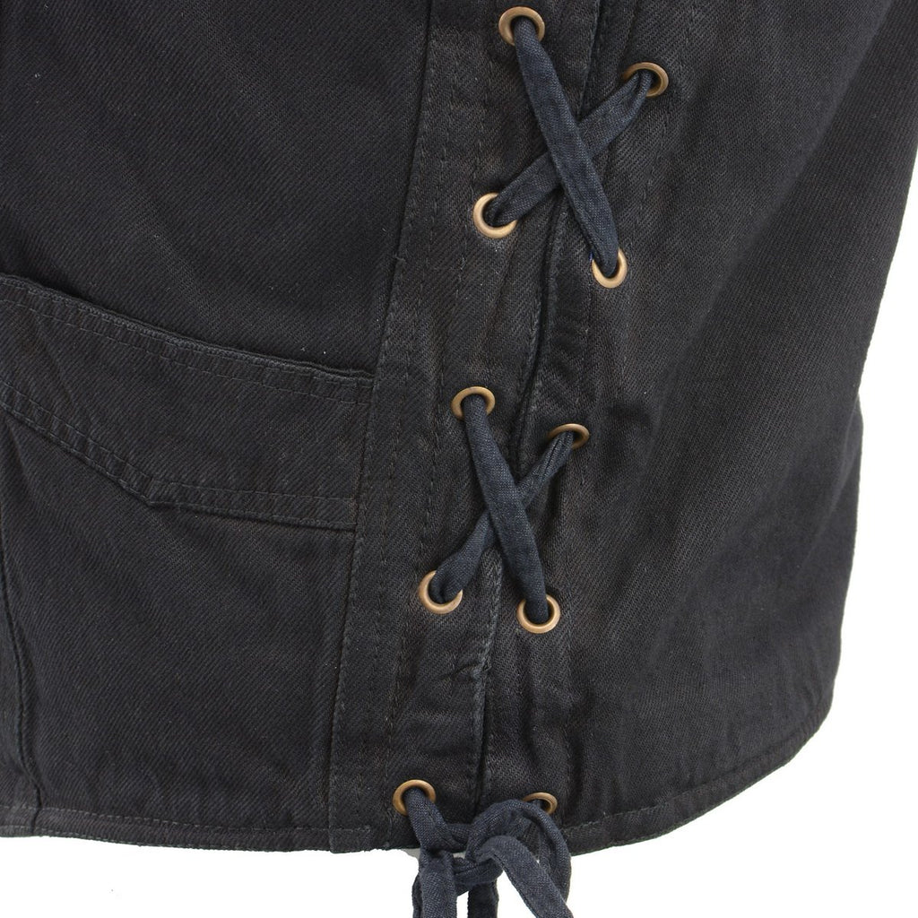 M Boss Motorcycle Apparel BOS13003 Men's Black Denim Snap Front Side Lace Vest with Quick Draw Pocket