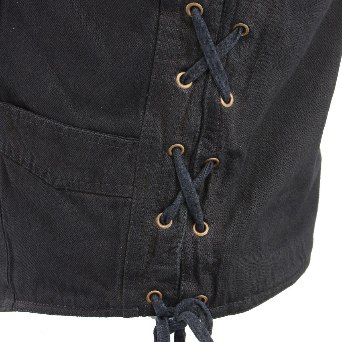 M Boss Motorcycle Apparel BOS13003 Men's Black Denim Snap Front Side Lace Vest with Quick Draw Pocket
