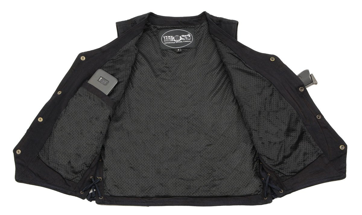 M Boss Motorcycle Apparel BOS13003 Men's Black Denim Snap Front Side Lace Vest with Quick Draw Pocket