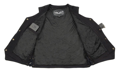M Boss Motorcycle Apparel BOS13003 Men's Black Denim Snap Front Side Lace Vest with Quick Draw Pocket
