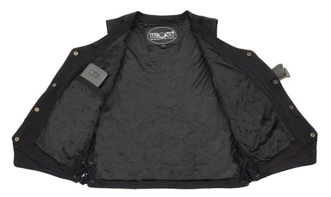 M Boss Motorcycle Apparel BOS13003 Men's Black Denim Motorcycle Side Lace Vest with Quick Draw Pocket