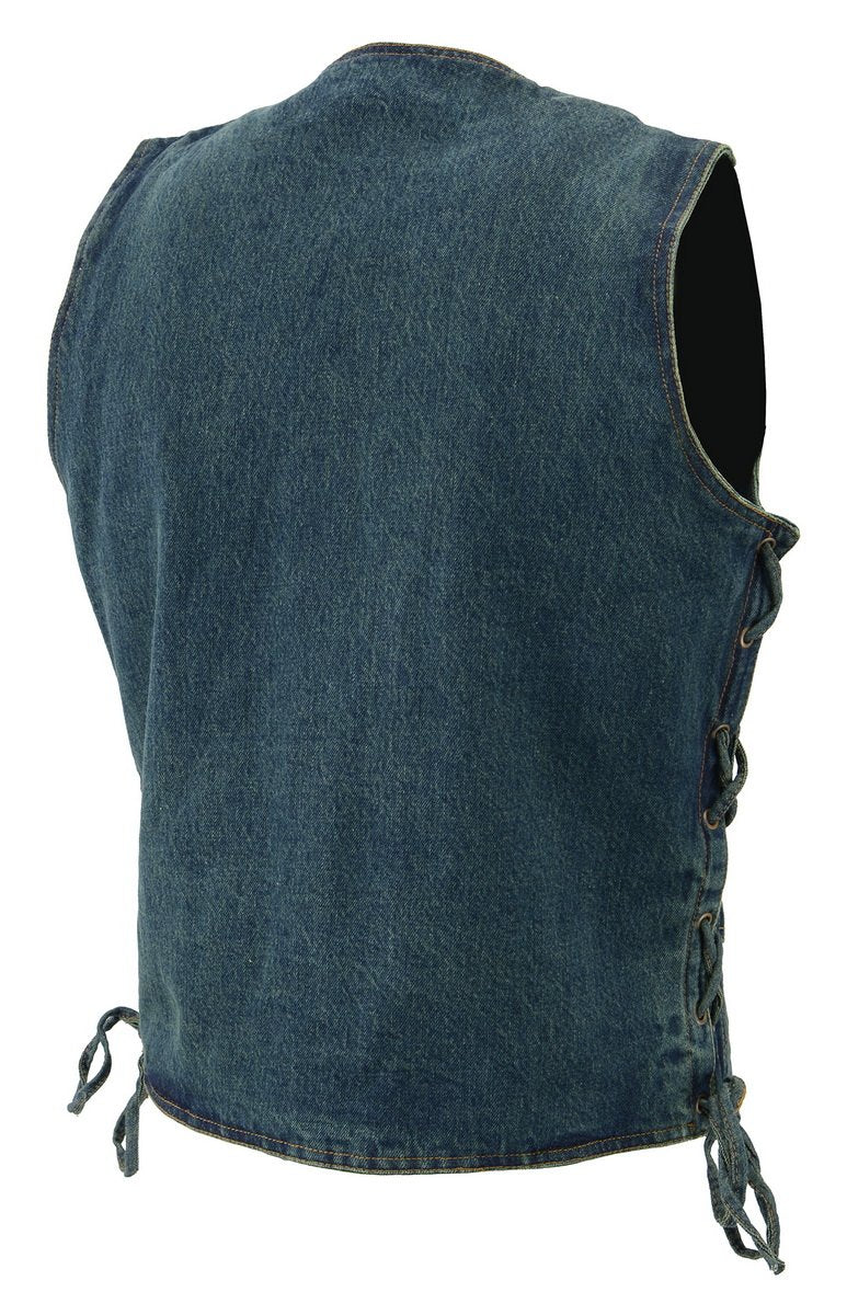 M Boss Motorcycle Apparel BOS13003 Men's Blue Denim Snap Front Side Lace Vest with Quick Draw Pocket