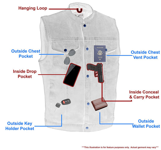 M Boss Motorcycle Apparel Apparel BOS13520 Men's Blue Snap Front Denim Club Style Vest