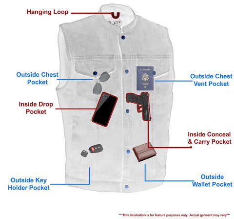M Boss Motorcycle Apparel Apparel BOS13520 Men's Blue Snap Front Denim Club Style Vest