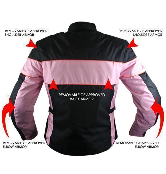 Xelement CF462 Women's' Pinky' Black and Pink Tri-Tex Motorcycle Jacket with X-Armor Protection