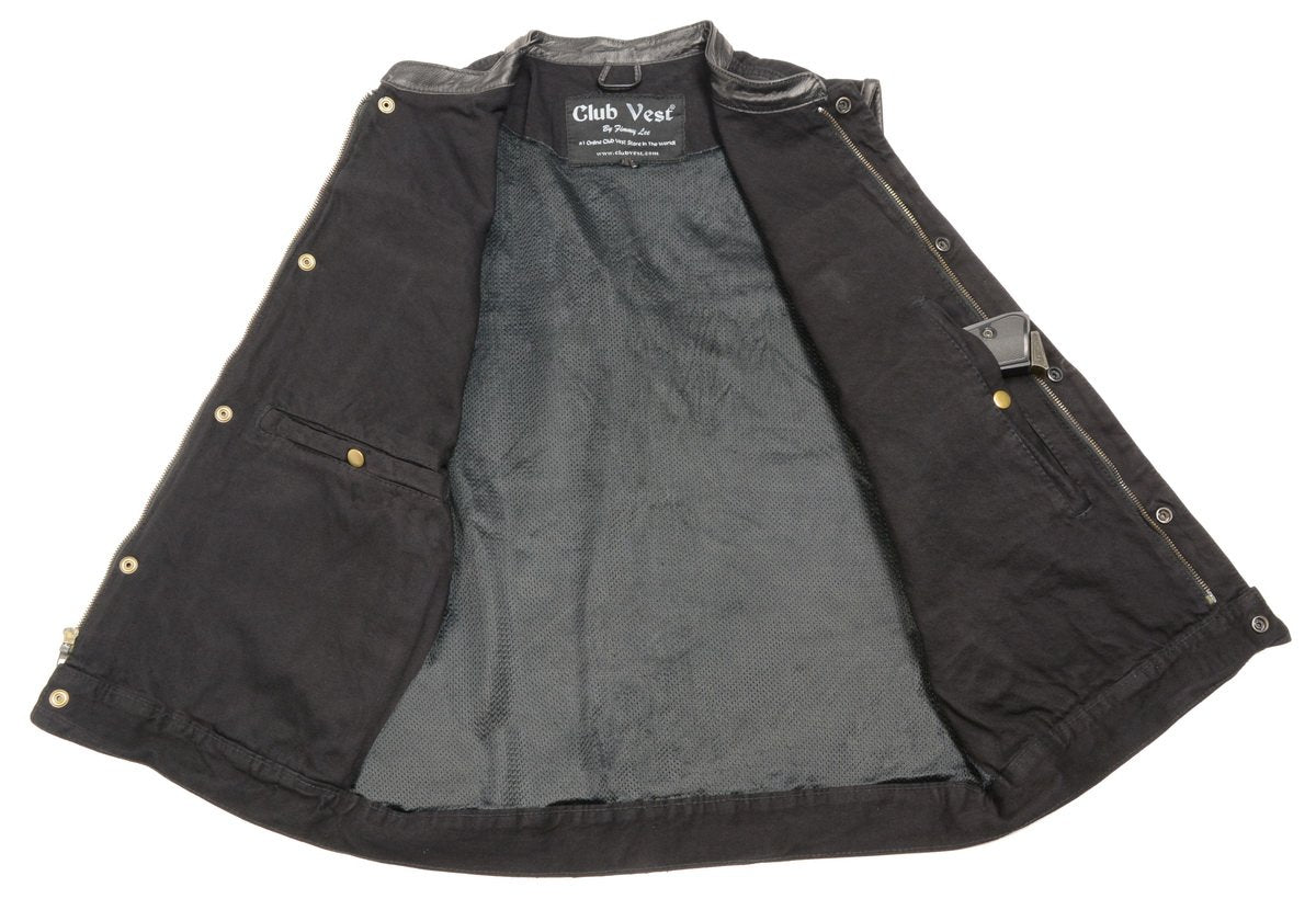 Club Vest CV3003LT Men's Black Motorcycle Denim Vest with Concealed Snaps and Hidden Zipper