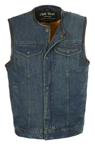 Club Vest CV3004LT Men's Blue Collarless Denim Vest with Concealed Snaps and Hidden Zipper