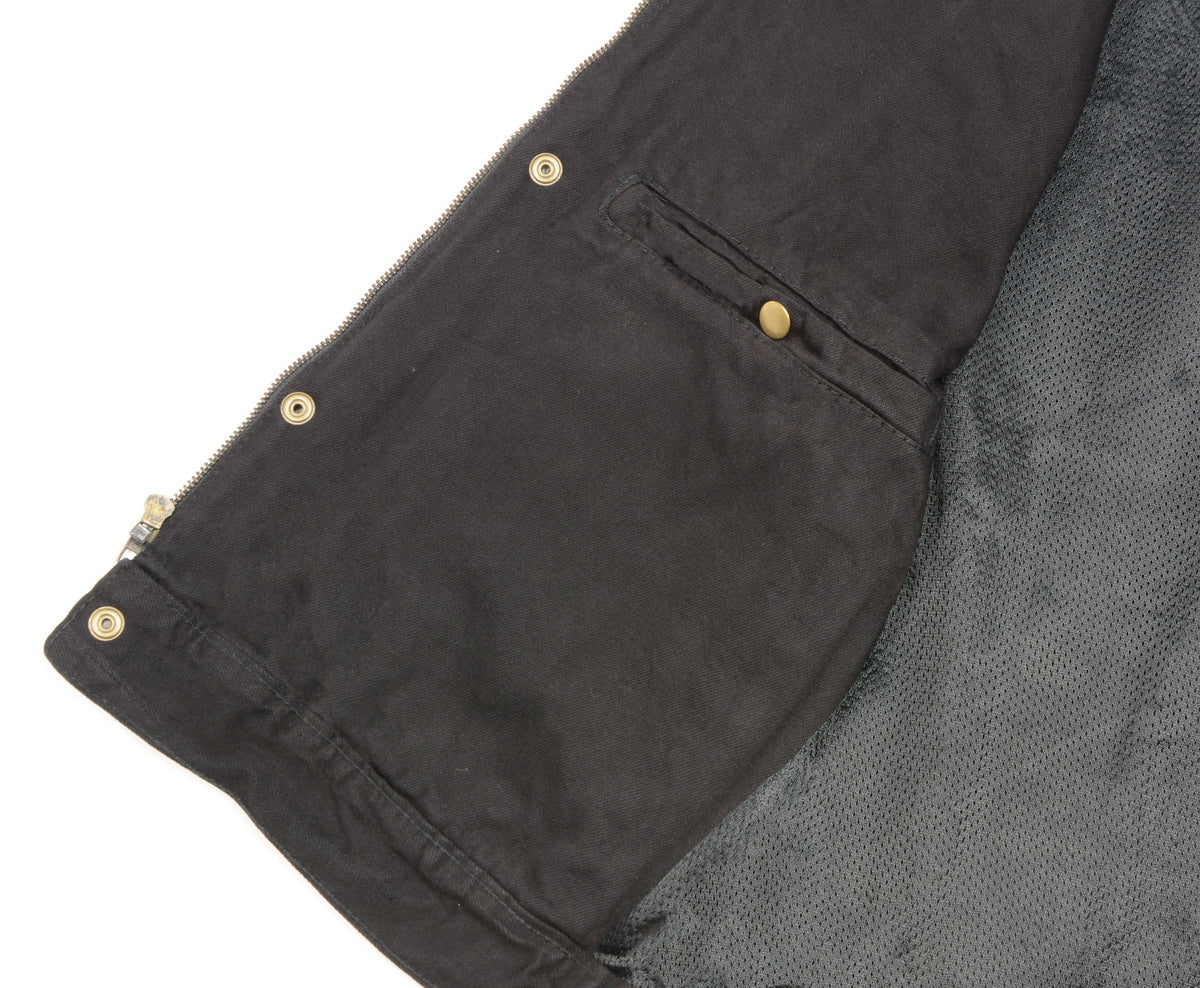 Club Vest CV3004LT Men's Black Denim Collarless Vest with Concealed Snaps and Hidden Zipper