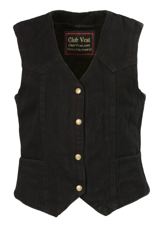 Club Vest CVL4000 Women's Black Denim Motorcycle V-Neck Vest with Conceal & Carry Pockets