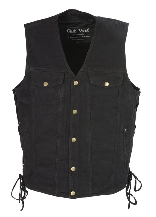Club Vest CVM1360 Men's Classic Side Lace Black Denim Motorcycle Vest with Snap Buttons