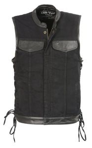 Club Vest CVM3011 Men's Side Lace Black Denim Vest with Leather Trim Accents