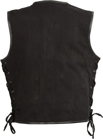 Club Vest CVM3039 Men's Black Denim Motorcycle Rider Vest with Leather Trim and Side Laces