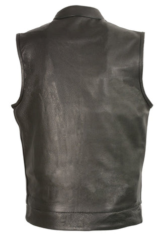 Club Vest CVM3510 Men’s Black Zipper Leather Vest with Seamless Back Design