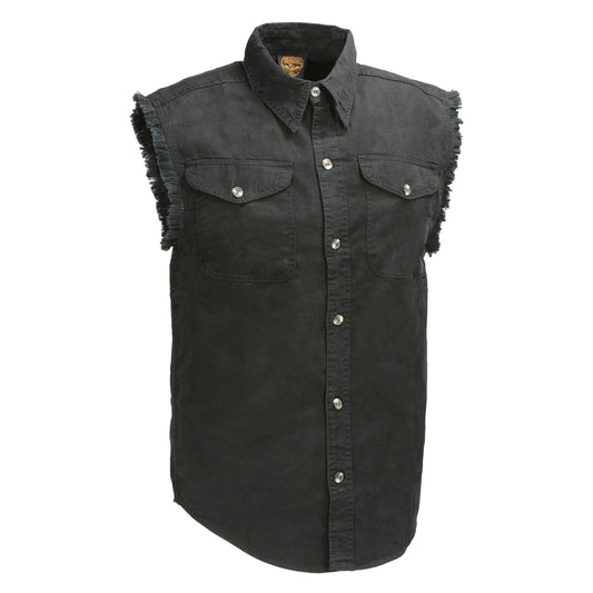 Milwaukee Leather DM1002 Men's Black Lightweight Denim Shirt with Vintage and Frayed Sleeveless Look