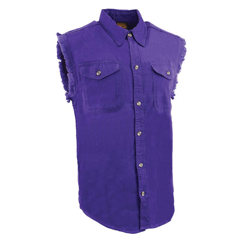 Milwaukee Leather DM1006 Men's Purple Lightweight Denim Shirt with Vintage and Frayed Sleeveless Look