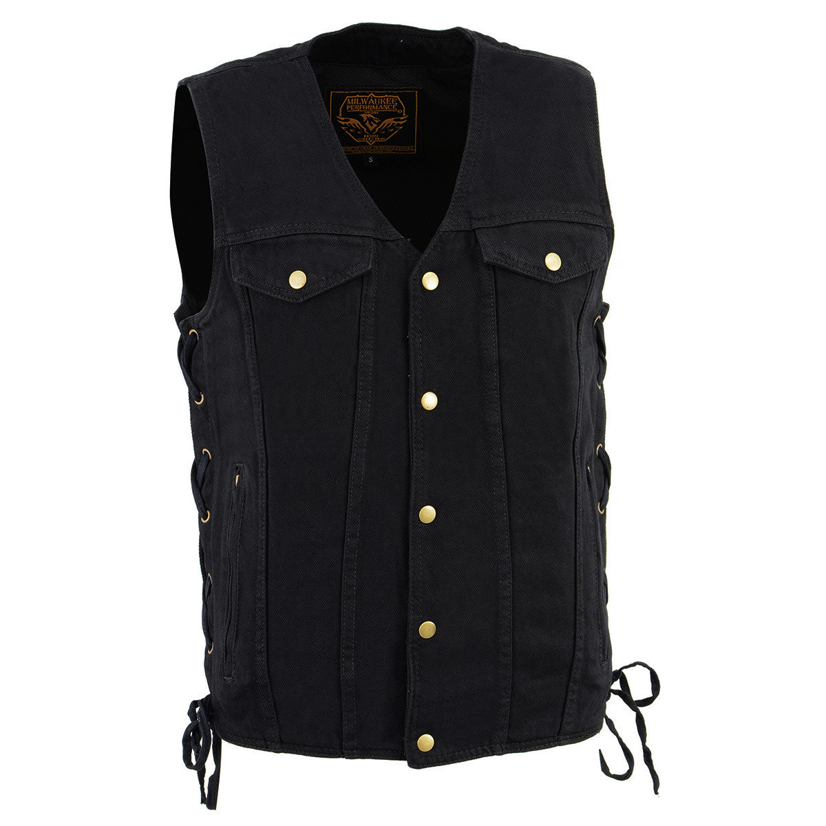 Milwaukee Leather DM1360 Men's Black Side Lace Denim Vest with Chest P ...