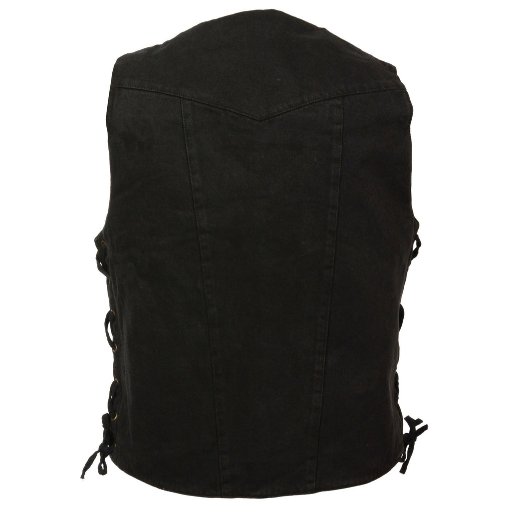 Milwaukee Performance DM1990 Men's Black 10 Pocket Side Lace Denim Vest with Dual Gun Pockets - Milwaukee Performance Mens Denim Vests