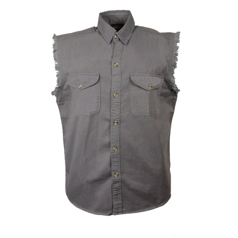 Milwaukee Leather DM4004 Men's Grey Lightweight Denim Shirt with Vintage and Frayed Sleeveless Look