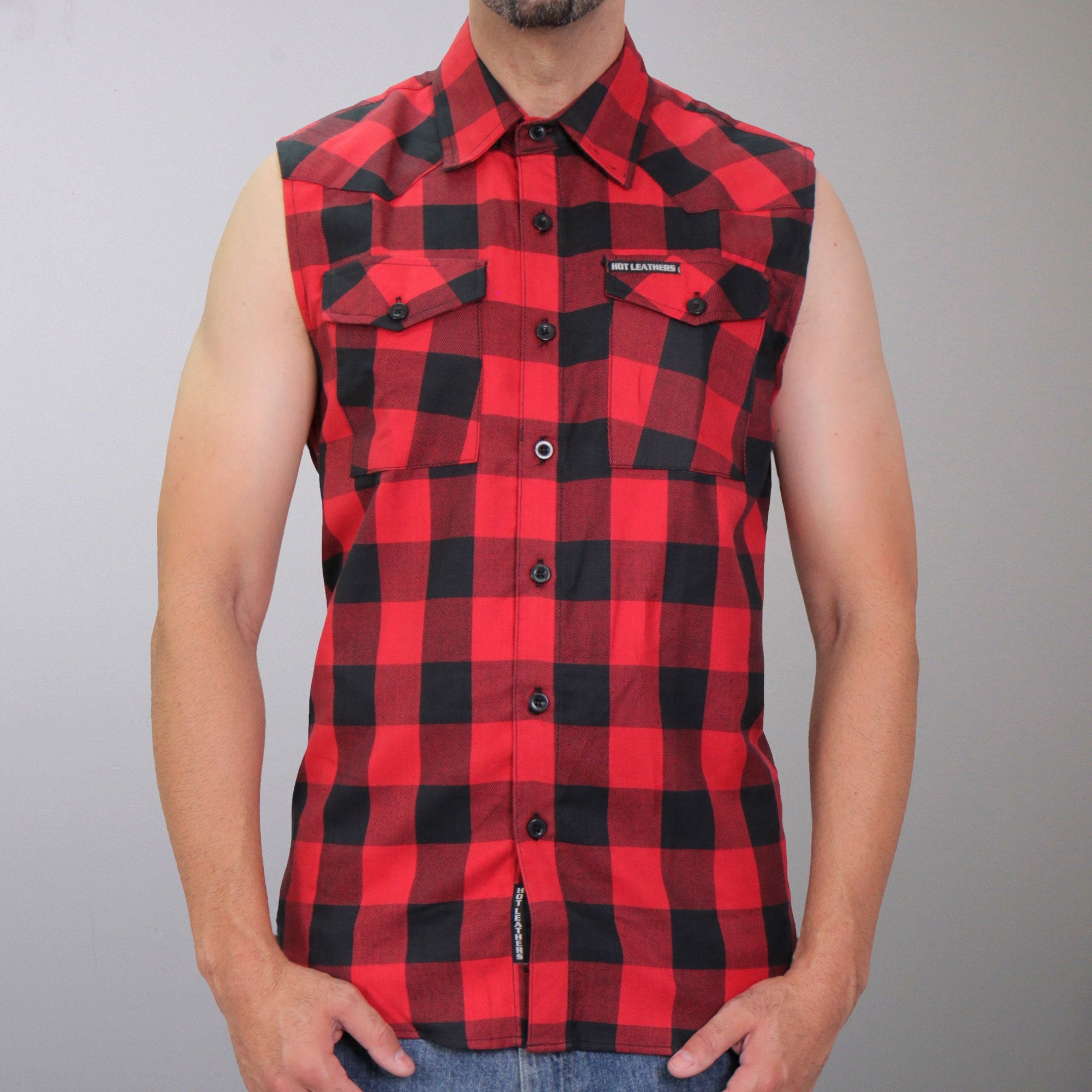 Hot Leathers FLM5001 Mens Black and Red Sleeveless Cotton Flannel Shirt