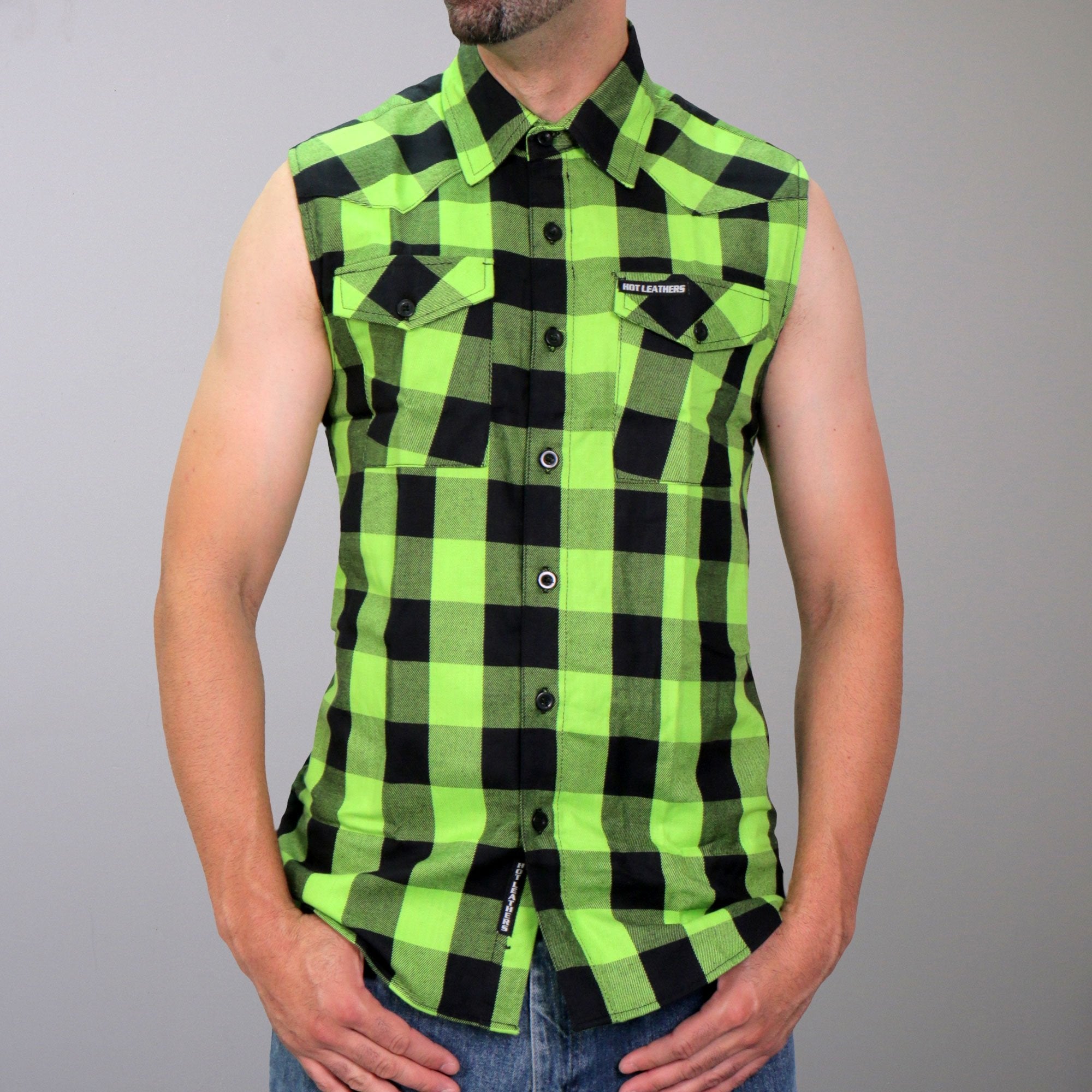 Hot Leathers FLM5002 Mens Black and Green Sleeveless Cotton Flannel Shirt