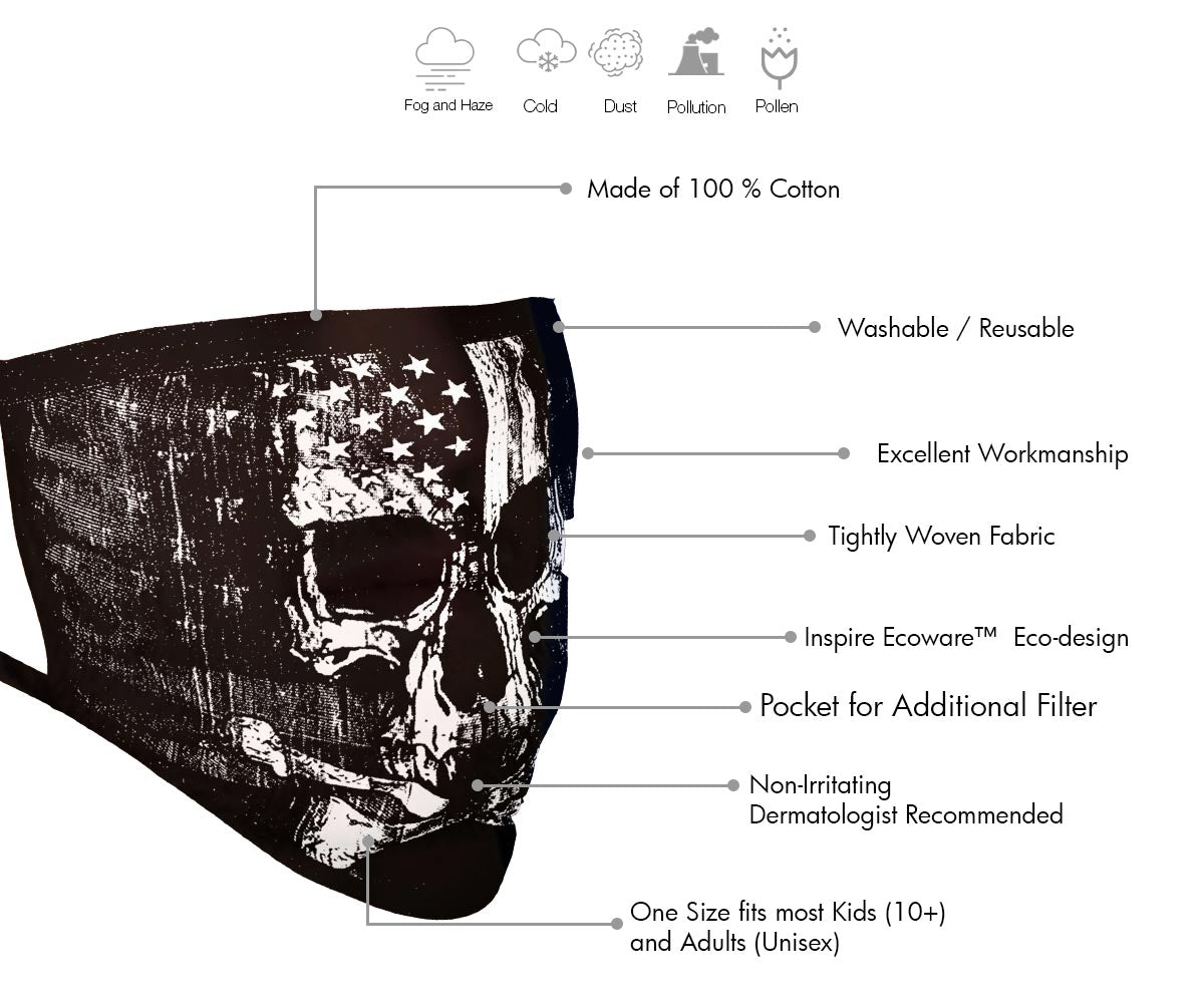 Milwaukee FMD1010 Men's 'Skull with Flag' 100 % Cotton Protective Face Mask with Optional Filter Pocket
