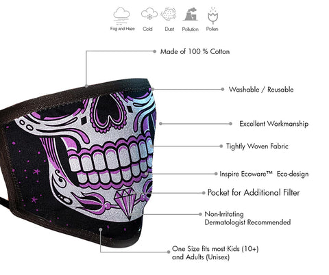 Milwaukee FMD1019 Ladies 'Sugar Skull' 100 % Cotton Protective Face Mask with Optional Filter Pocket