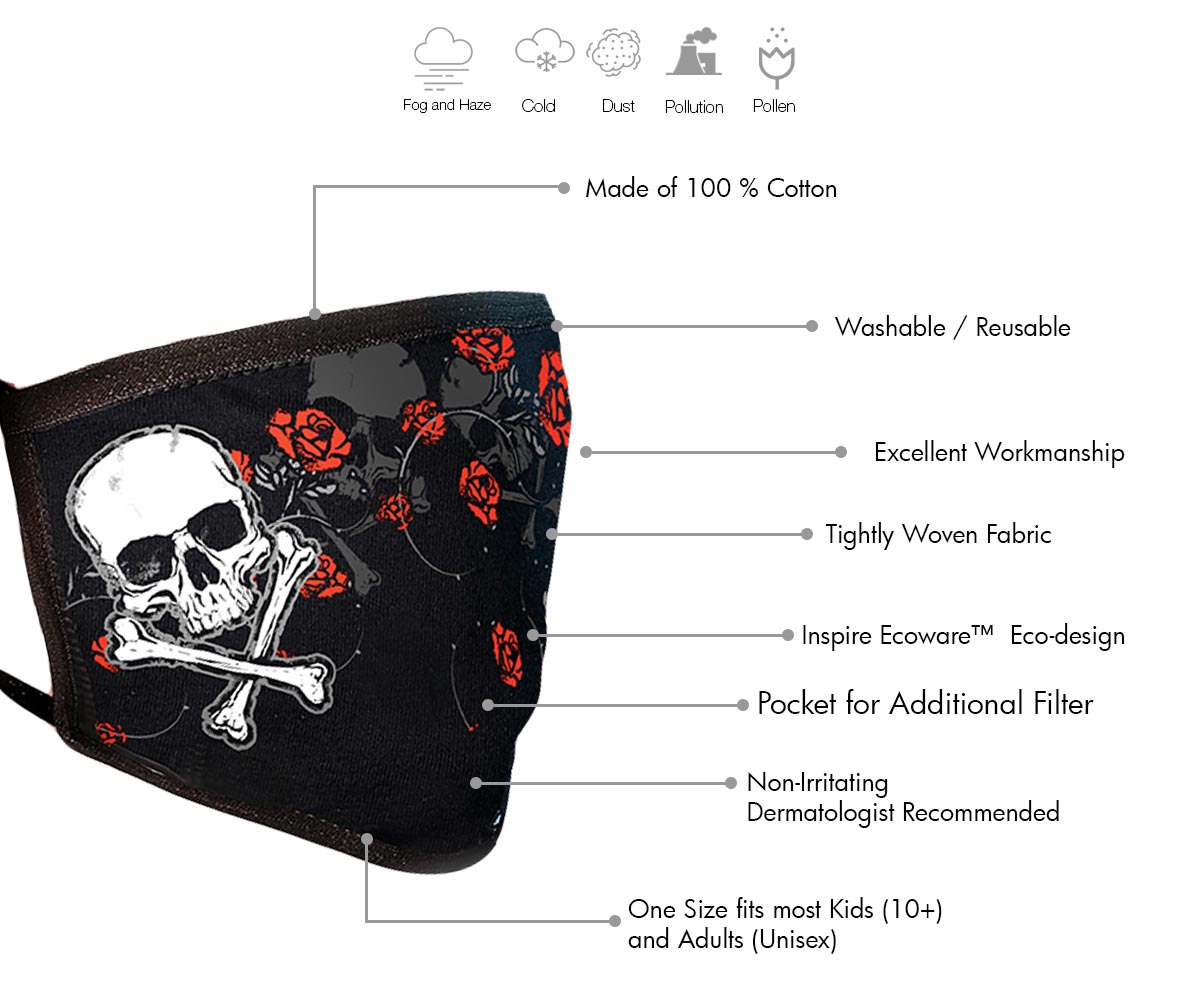 Milwaukee FMD1020 Ladies 'Rose and Skull' 100 % Cotton Protective Face Mask with Optional Filter Pocket