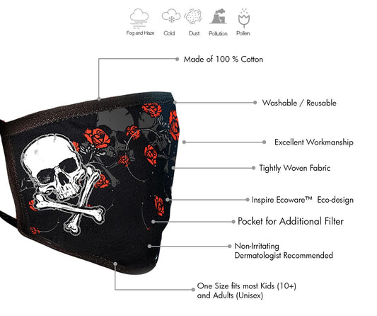 Milwaukee FMD1020 Ladies 'Rose and Skull' 100 % Cotton Protective Face Mask with Optional Filter Pocket