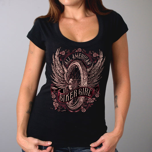 Hot Leathers GLC1518 All American Biker Girl Scoop Neck Ladies Black T-Shirt