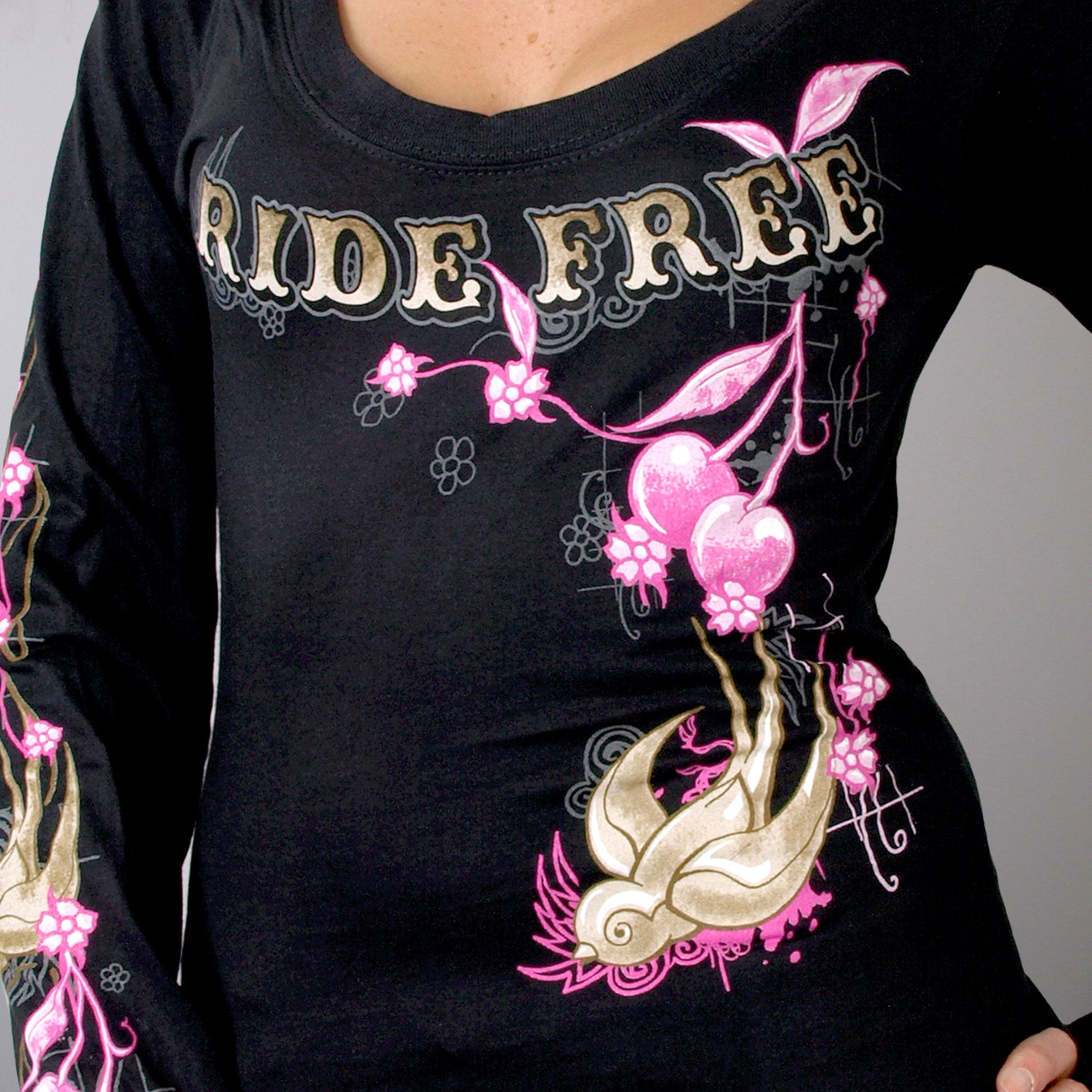 Hot Leathers GLC3131 Ladies Cherries Scoopneck Black Long Sleeve T-Shirt