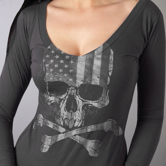Hot Leathers GLC3495 Flag Skull Ladies Smoke Color Long Sleeve Shirt