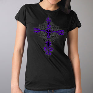 Hot Leathers GLR1469 'Studded Fleur De Lis Cross' Ladies Black T-Shirt
