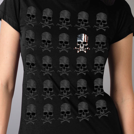 Hot Leathers GLR1513 Skull Pattern Full Cut Ladies Black T-Shirt