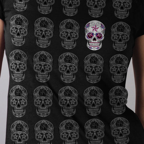 Hot Leathers GLR1519 Sugar Skull Pattern Ladies Full Cut Black T-Shirt