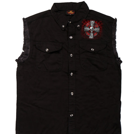 Hot Leathers GMD5022 Mens 'Celtic Cross' Sleeveless Denim Black Shirt