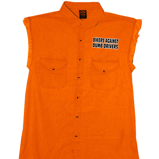 Hot Leathers Mens 'Can You See Me Now A****** Sleeveless  Safety Orange Denim Shirt GMD5090