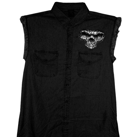Hot Leathers GMD5237 Mens 'Shredder Skull' Black Sleeveless Denim Shirt