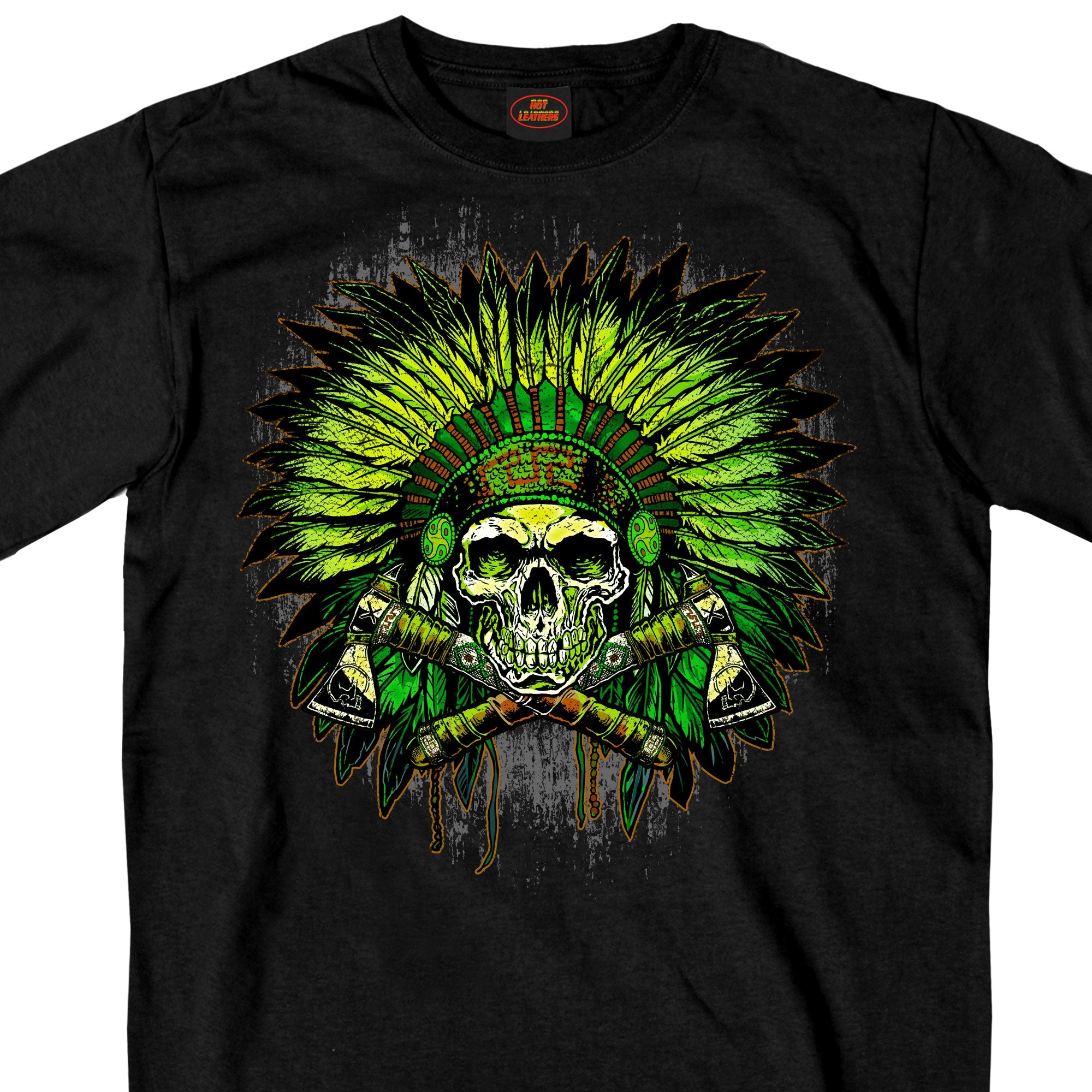 Hot Leathers GMS1463 Mens Green Indian Headdress Skull Black T-Shirt