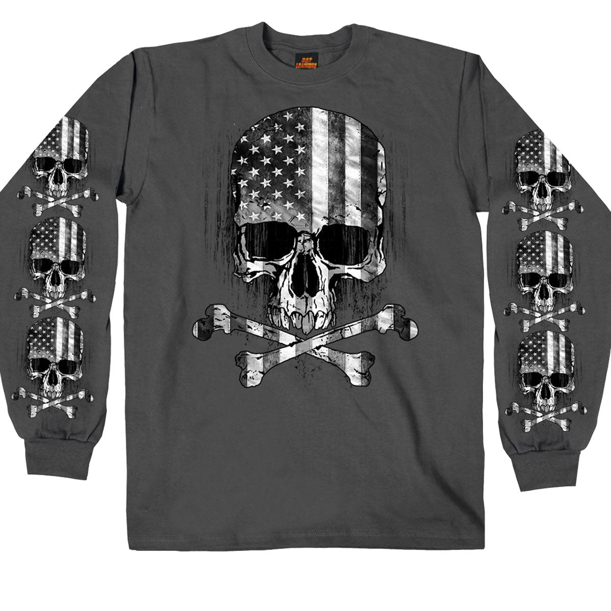 Hot Leathers GMS2391 Mens Flag Skull Long Sleeve Charcoal T-Shirt