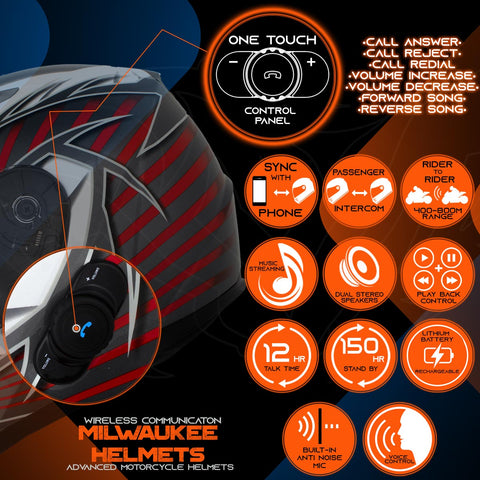 Milwaukee Helmets H520 Titanium and Red Chit-Chat Black Full Face Motorcycle Helmet w/ Intercom - Built-in Speaker and Microphone for Men / Women