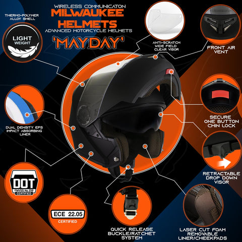 Milwaukee Helmets H7000 Glossy Black 'Mayday' Modular Motorcycle Helmet w/ Intercom - Built-in Speaker and Microphone for Men / Women