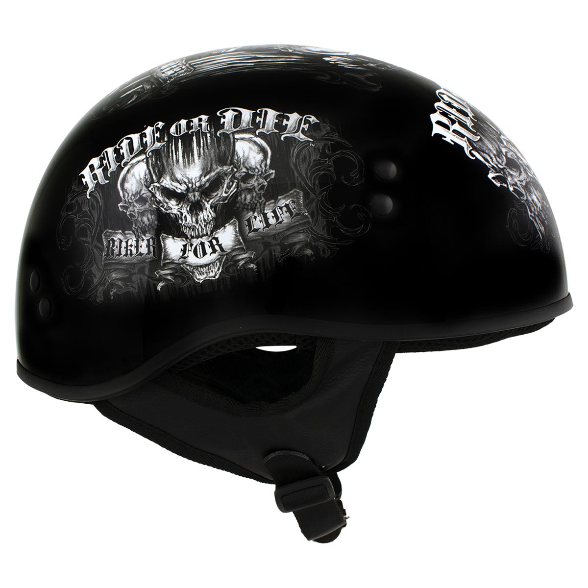 Hot Leathers HLD1016 'Ride or Die' Gloss Black Motorcycle DOT Skull Cap Helmet